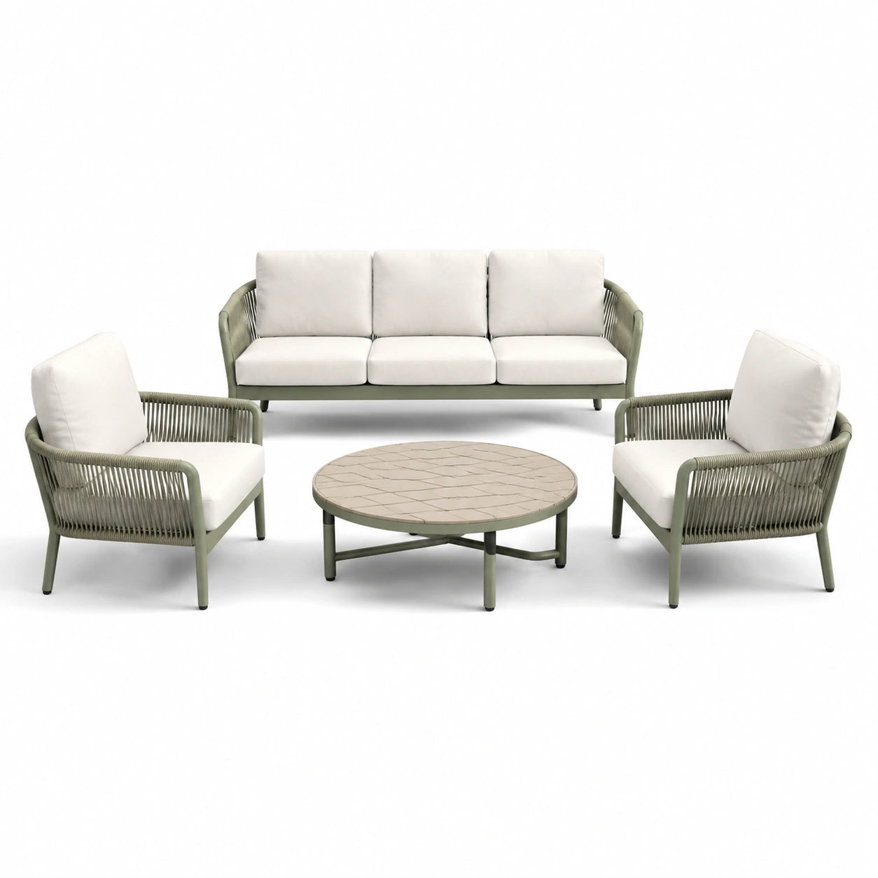 Set mobili da giardino in metallo verde con cuscini bianchi