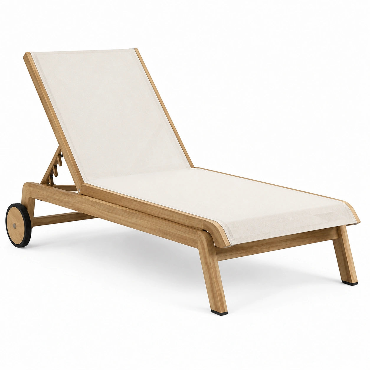 Sdraio in legno di teak regolabile con tessuto textilene beige e ruote