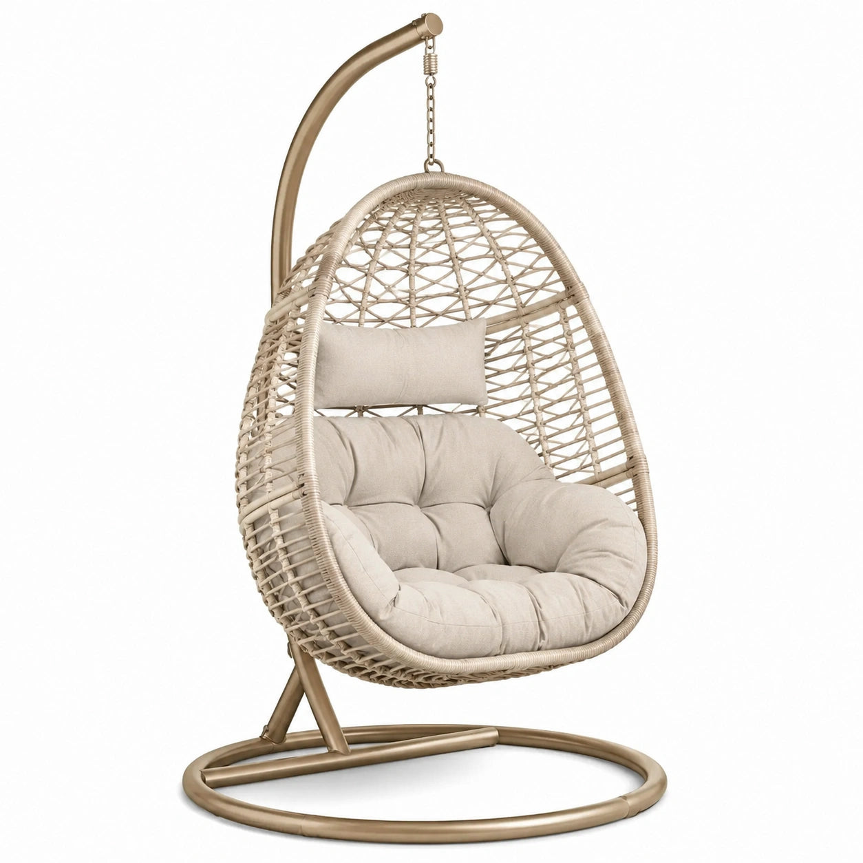 Poltrona sospesa in rattan e acciaio con cuscino crema