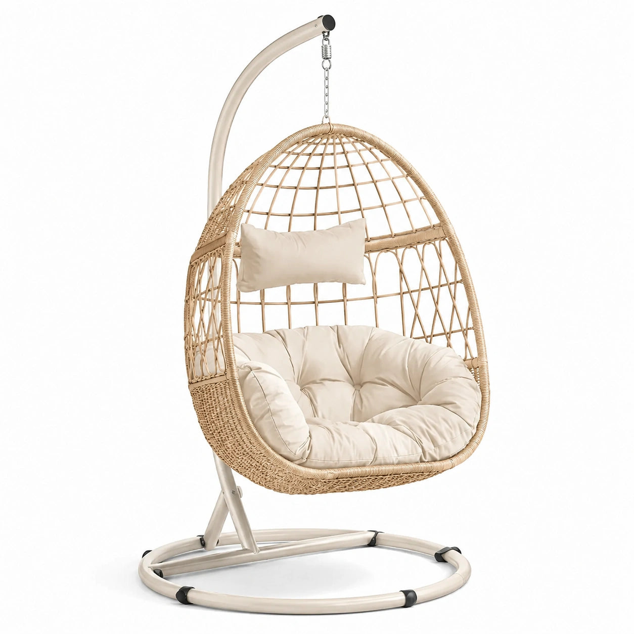 Poltrona sospesa in rattan con cuscino beige e struttura in acciaio