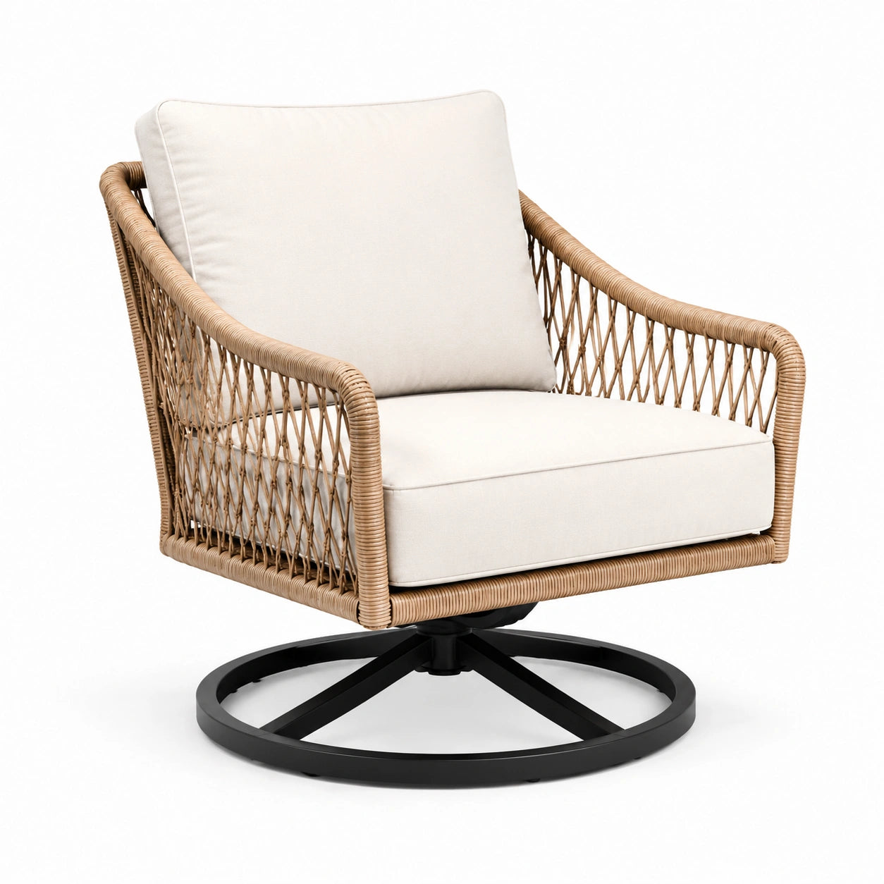 Sedia girevole in rattan sintetico e metallo nero con cuscini crema