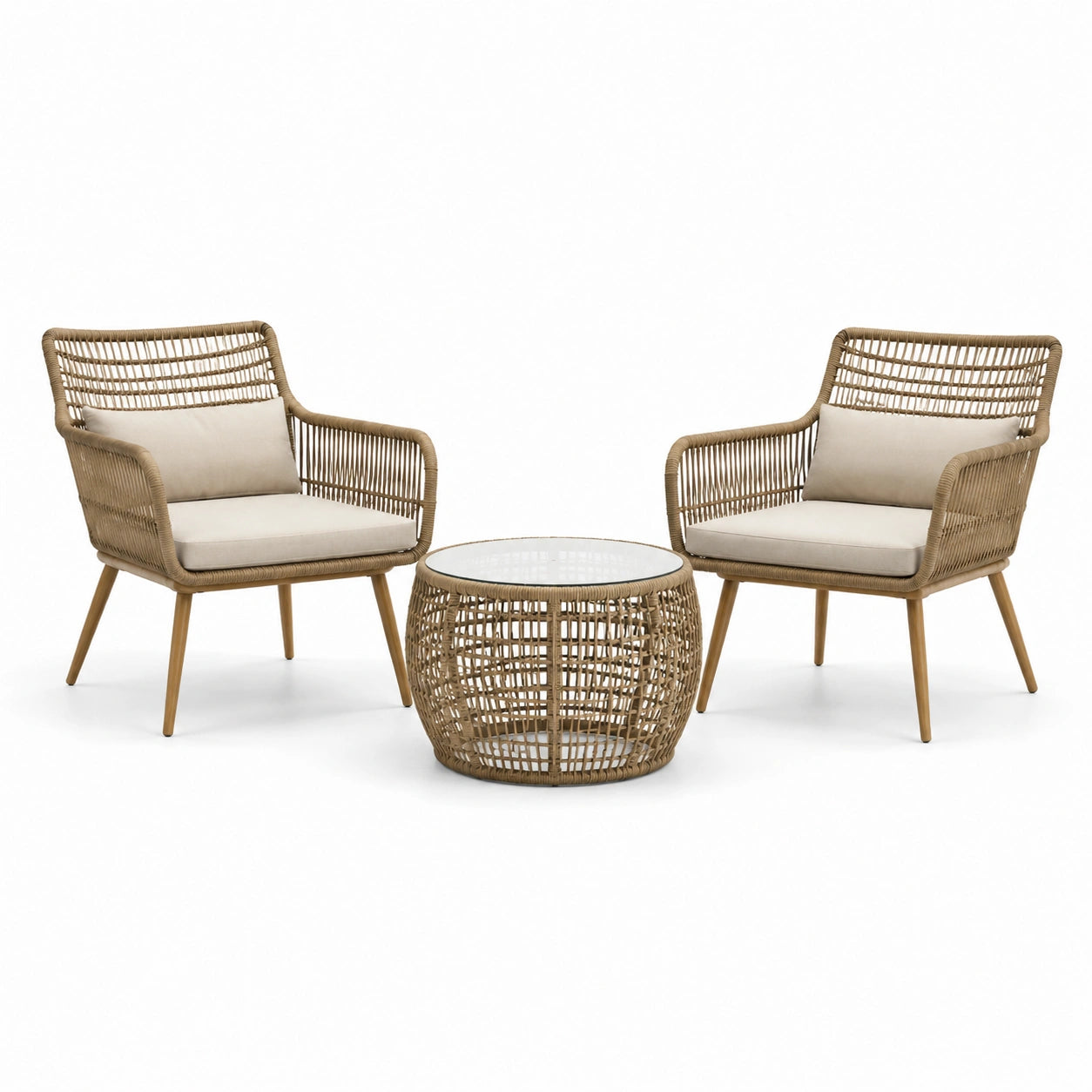 Set da giardino in rattan sintetico con cuscini beige e tavolo in vetro temperato